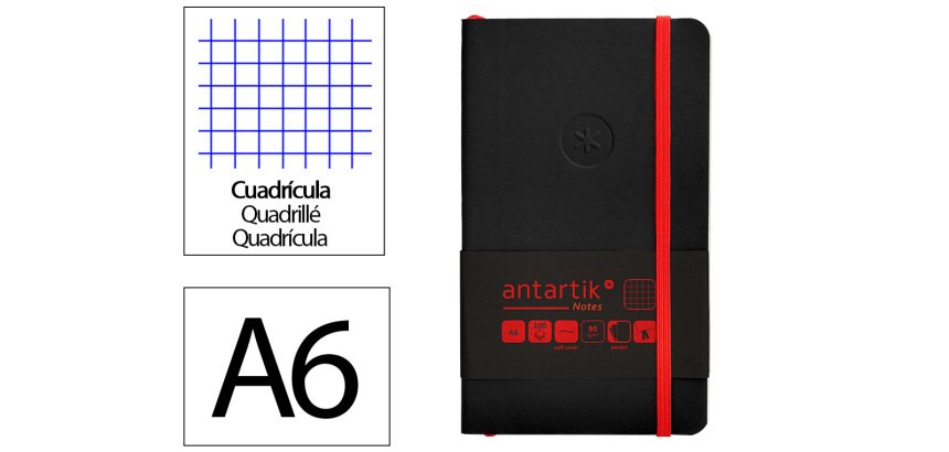 Cuaderno con gomilla Antartik notes tapa blanda A6 cuadricula negro y rojo 100 hojas 80 g