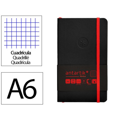 Cuaderno con gomilla antartik notes tapa blanda a6 cuadricula negro y rojo 100 hojas 80 gr fsc