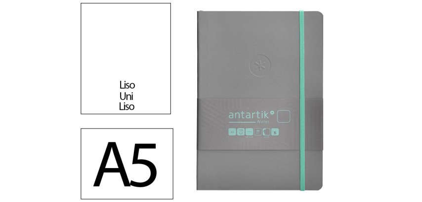 Cuaderno con gomilla Antartik notes tapa blanda A5 hojas lisas gris y turquesa 80 hojas 80 g