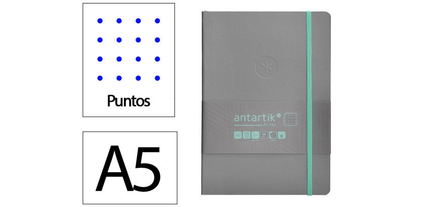 Cuaderno con gomilla Antartik notes tapa blanda A5 hojas puntos gris y turquesa 80 hojas 80 g