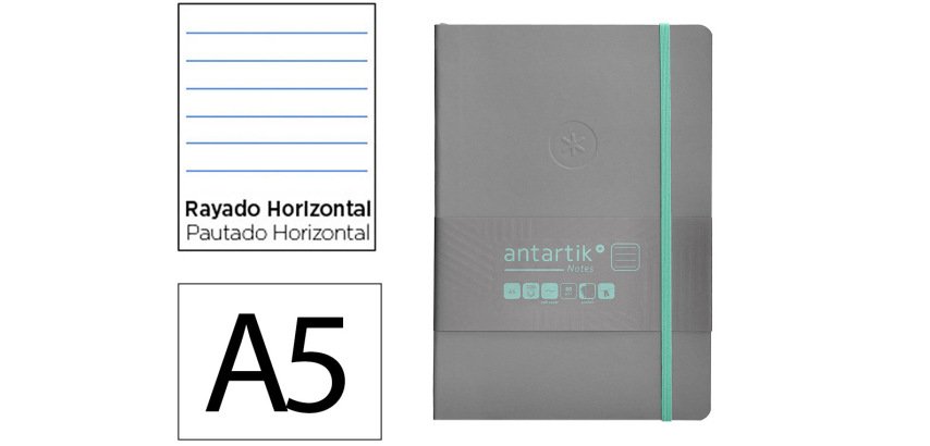 Cuaderno con gomilla Antartik notes tapa blanda a5 hojas rayas gris y turquesa 80 hojas 80 g