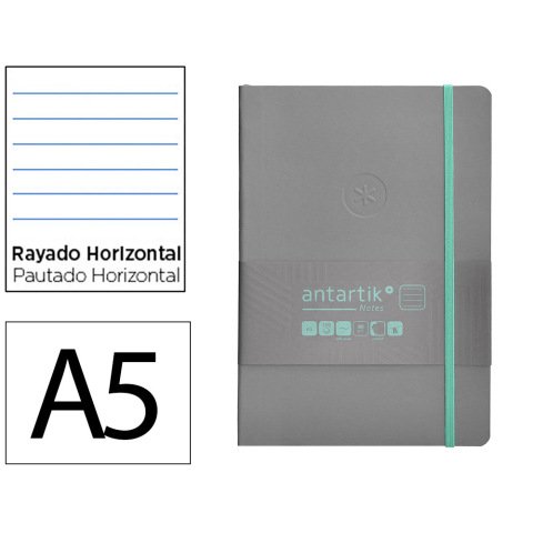 Cuaderno con gomilla Antartik notes tapa blanda a5 hojas rayas gris y turquesa 80 hojas 80 g