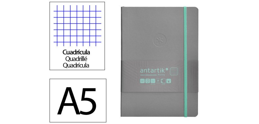 Cuaderno con gomilla Antartik notes tapa blanda A5 hojas cuadricula gris y turquesa 80 hojas 80 g