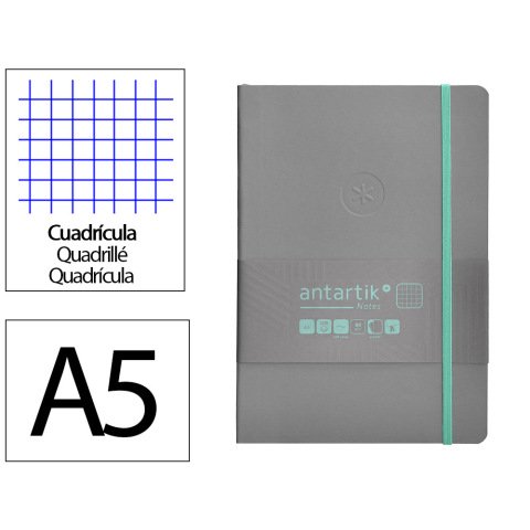 Cuaderno con gomilla Antartik notes tapa blanda A5 hojas cuadricula gris y turquesa 80 hojas 80 g