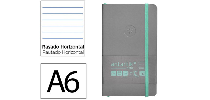 Cuaderno con gomilla Antartik notes tapa blanda A6 rayas gris y turquesa 100 hojas 80 g