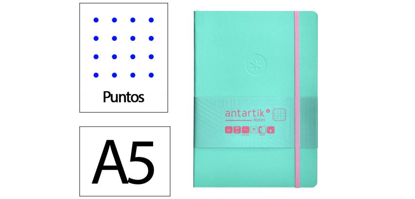 Cuaderno con gomilla Antartik notes tapa blanda A5 hojas puntos rosa y turquesa 80 hojas 80 g