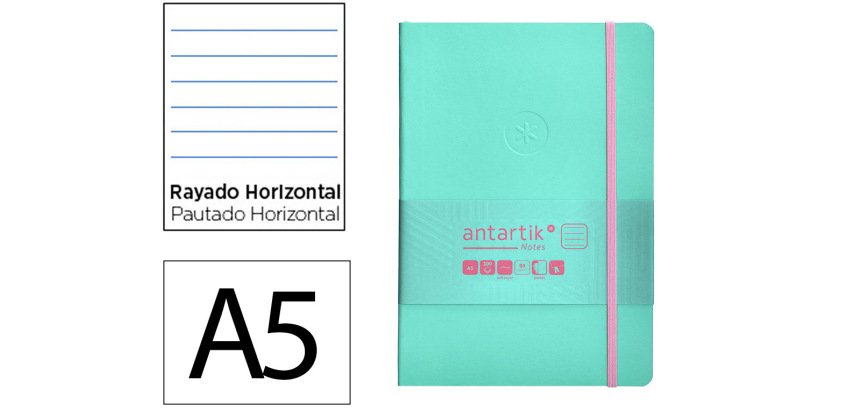 Cuaderno con gomilla antartik notes tapa blanda A5 hojas rayas rosa y turquesa 80 hojas 80 g