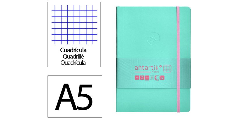 Cuaderno con gomilla antartik notes tapa blanda A5 hojas cuadricula rosa y turquesa 80 hojas 80 g