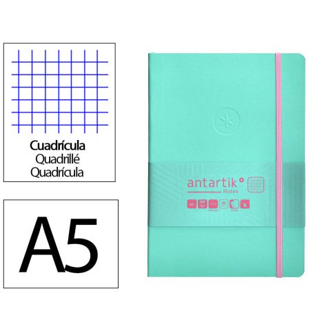 Cuaderno con gomilla antartik notes tapa blanda A5 hojas cuadricula rosa y turquesa 80 hojas 80 g