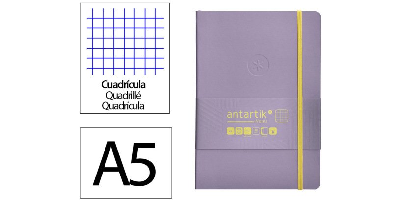 Cuaderno con gomilla antartik notes tapa blanda A5 hojas cuadricula morado y amarillo 80 hojas 80 g