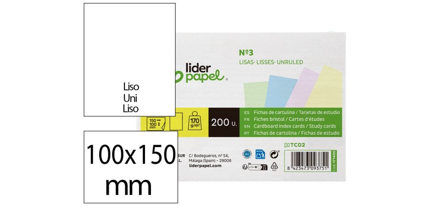 Tarjeta liderpapel para estudiar lisa cartulina de colores 170gr 100x150mm paquete de 200 unidades