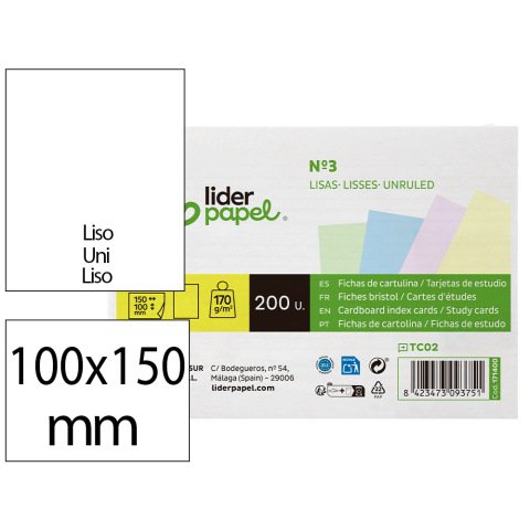Tarjeta liderpapel para estudiar lisa cartulina de colores 170gr 100x150mm paquete de 200 unidades