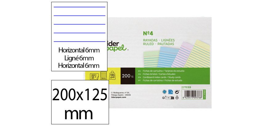 Tarjeta liderpapel para estudiar rayada cartulina de colores 170gr 125x200mm paquete de 200 unidades