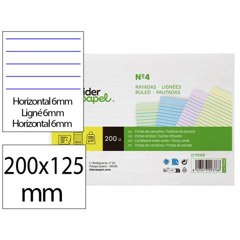 Tarjeta liderpapel para estudiar rayada cartulina de colores 170 gr/m2 125x200mm paquete de 200 unidades