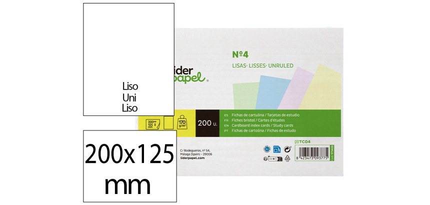 Tarjeta liderpapel para estudiar lisa cartulina de colores 170gr 125x200mm paquete de 200 unidades