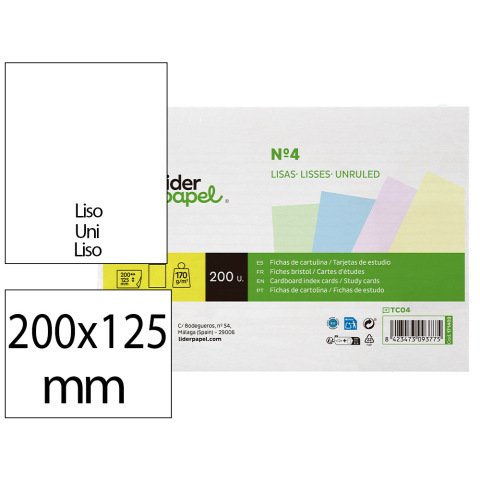 Tarjeta liderpapel para estudiar lisa cartulina de colores 170gr 125x200mm paquete de 200 unidades