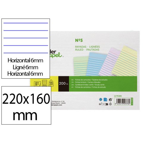Tarjeta liderpapel para estudiar rayada cartulina de colores 170gr 160x220mm paquete de 200 unidades