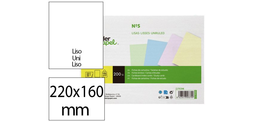 Tarjeta liderpapel para estudiar lisa cartulina de colores 170gr 160x220mm paquete de 200 unidades