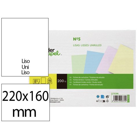 Tarjeta liderpapel para estudiar lisa cartulina de colores 170gr 160x220mm paquete de 200 unidades