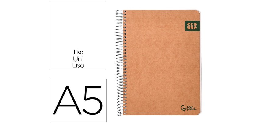 Cuaderno espiral liderpapel a5 ecouse tapa cartulina kraft contracolada 120h papel 100% reciclado 80gr liso