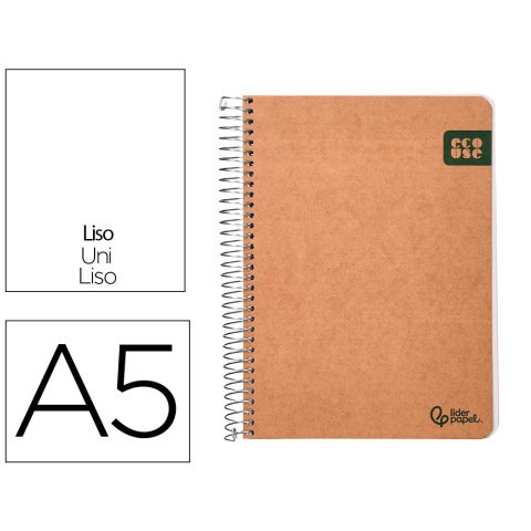 Cuaderno espiral liderpapel a5 ecouse tapa cartulina kraft contracolada 120h papel 100% reciclado 80gr liso