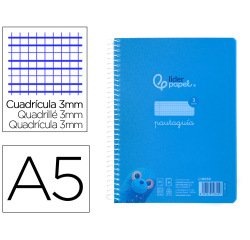 Cuaderno espiral liderpapel a5 pautaguia tapa plastico 80h 90gr cuadro pautado 3 mm con margen color azul