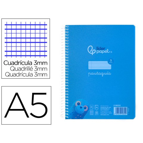 Cuaderno espiral liderpapel a5 pautaguia tapa plastico 80h 90gr cuadro pautado 3 mm con margen color azul