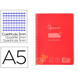 Cuaderno espiral liderpapel din a5 pautaguia tapa plastico 80h 90gr cuadro pautado 3 mm con margen color rojo