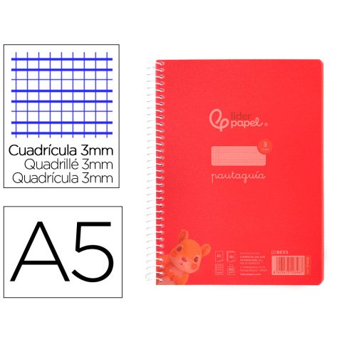 Cuaderno espiral liderpapel a5 pautaguia tapa plastico 80h 90gr cuadro pautado 3 mm con margen color rojo