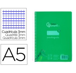 Cuaderno espiral liderpapel a5 pautaguia tapa plastico 80h 90gr cuadro pautado 3 mm con margen color verde
