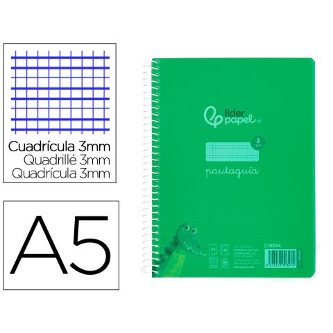 Cuaderno espiral liderpapel a5 pautaguia tapa plastico 80h 90gr cuadro pautado 3 mm con margen color verde
