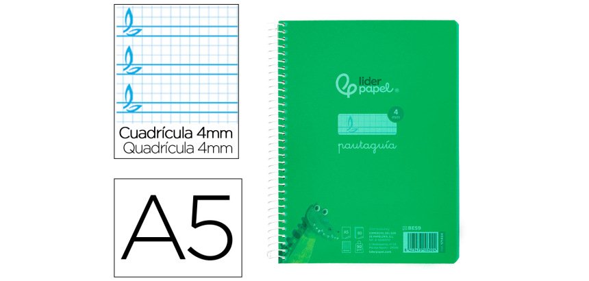 Cuaderno espiral liderpapel a5 pautaguia tapa plastico 80h 90gr cuadro pautado 4mm con margen color verde