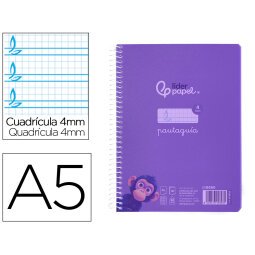 Cuaderno espiral liderpapel din a5 pautaguia tapa plastico 80h 90gr cuadro pautado 4 mm con margen color lila