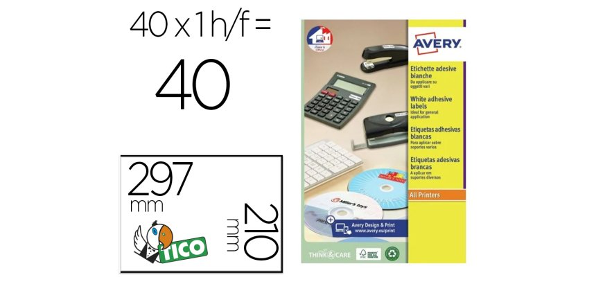 Etiqueta adhesiva avery blanca brillante laser 210x297 mm caja de 40 unidades