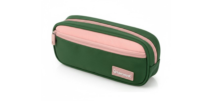 Estuche portatodo liderpapel duo 2 cremalleras con bolsillofrontal verde militar 220x90x50 mm