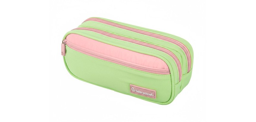 Estuche portatodo liderpapel duo 3 cremalleras con bolsillofrontal verde pastel 220x90x70mm