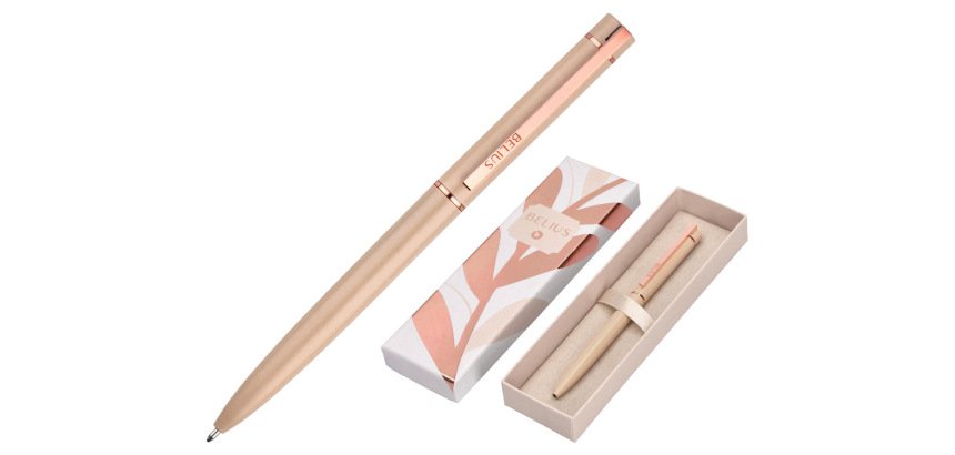 Boligrafo belius rose aluminio color beige claro oro rosa tinta azul caja de diseño