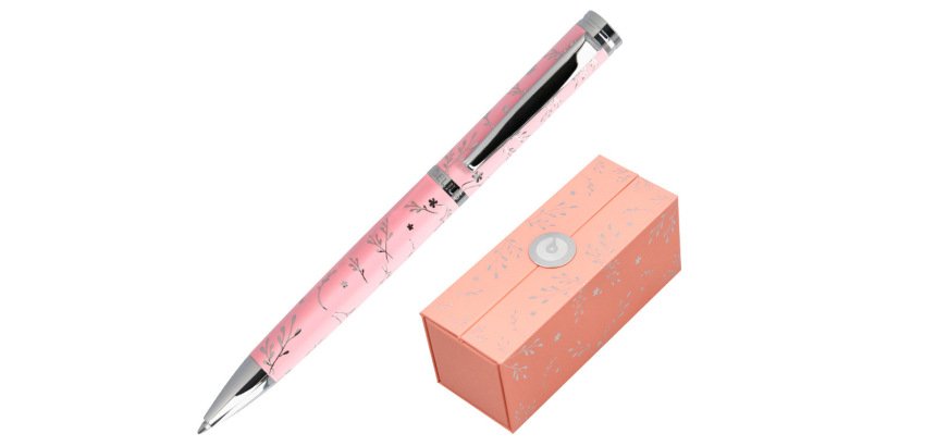 Boligrafo belius bella aluminio color rosa diseño plateado relieve tinta azul caja de diseño