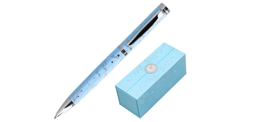 Boligrafo belius bella aluminio color azul celeste diseño plateado relieve tinta azul caja de diseño