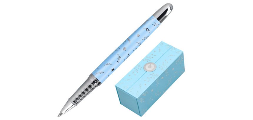Roller belius bella aluminio color azul celeste diseño plateado relieve tinta color negro caja de diseño