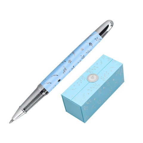 Roller belius bella aluminio color azul celeste diseño plateado relieve tinta color negro caja de diseño