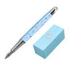 Pluma belius bella aluminio color azul celeste diseño plateado relieve tinta azul caja de diseño