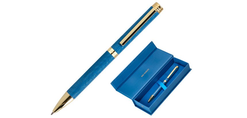 Boligrafo belius wild west aluminio color azul marino dorado tinta color azul caja de diseño