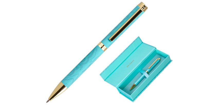 Boligrafo belius wild west aluminio color turquesa dorado tinta color azul caja de diseño