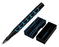 Boligrafo belius legacy aluminio diseño circulos azul cuerpo negro tinta color azul caja de diseño