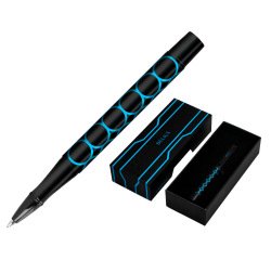 Boligrafo belius legacy aluminio diseño circulos azul cuerpo negro tinta color azul caja de diseño