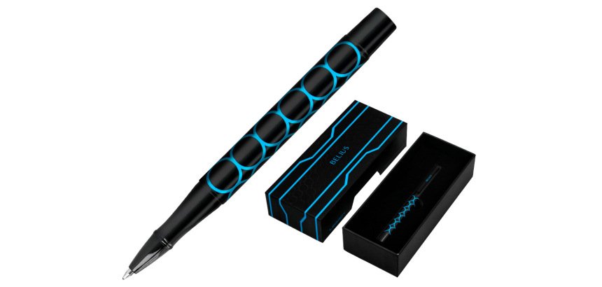 Boligrafo belius legacy aluminio diseño circulos azul cuerpo negro tinta color azul caja de diseño