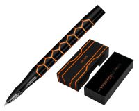 Boligrafo belius legacy aluminio diseño hexagono naranja cuerpo negro tinta color azul caja de diseño