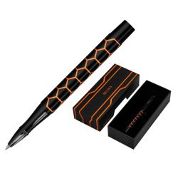 Boligrafo belius legacy aluminio diseño hexagono naranja cuerpo negro tinta color azul caja de diseño