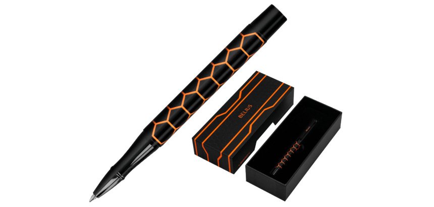 Boligrafo belius legacy aluminio diseño hexagono naranja cuerpo negro tinta color azul caja de diseño